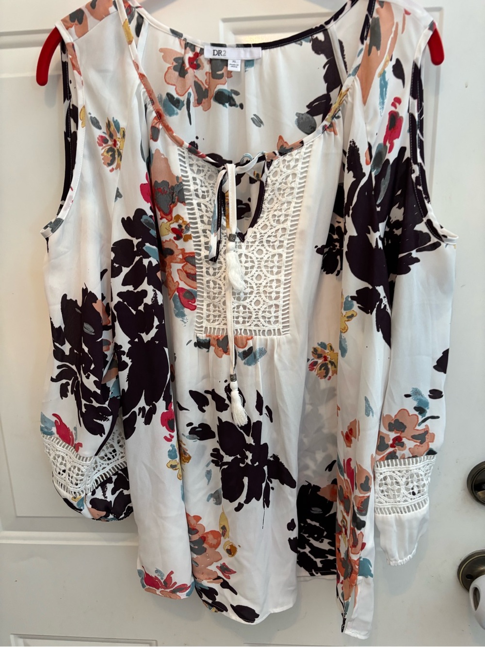 DR2 White Floral Cold-Shoulder Tunic with Crochet Front
